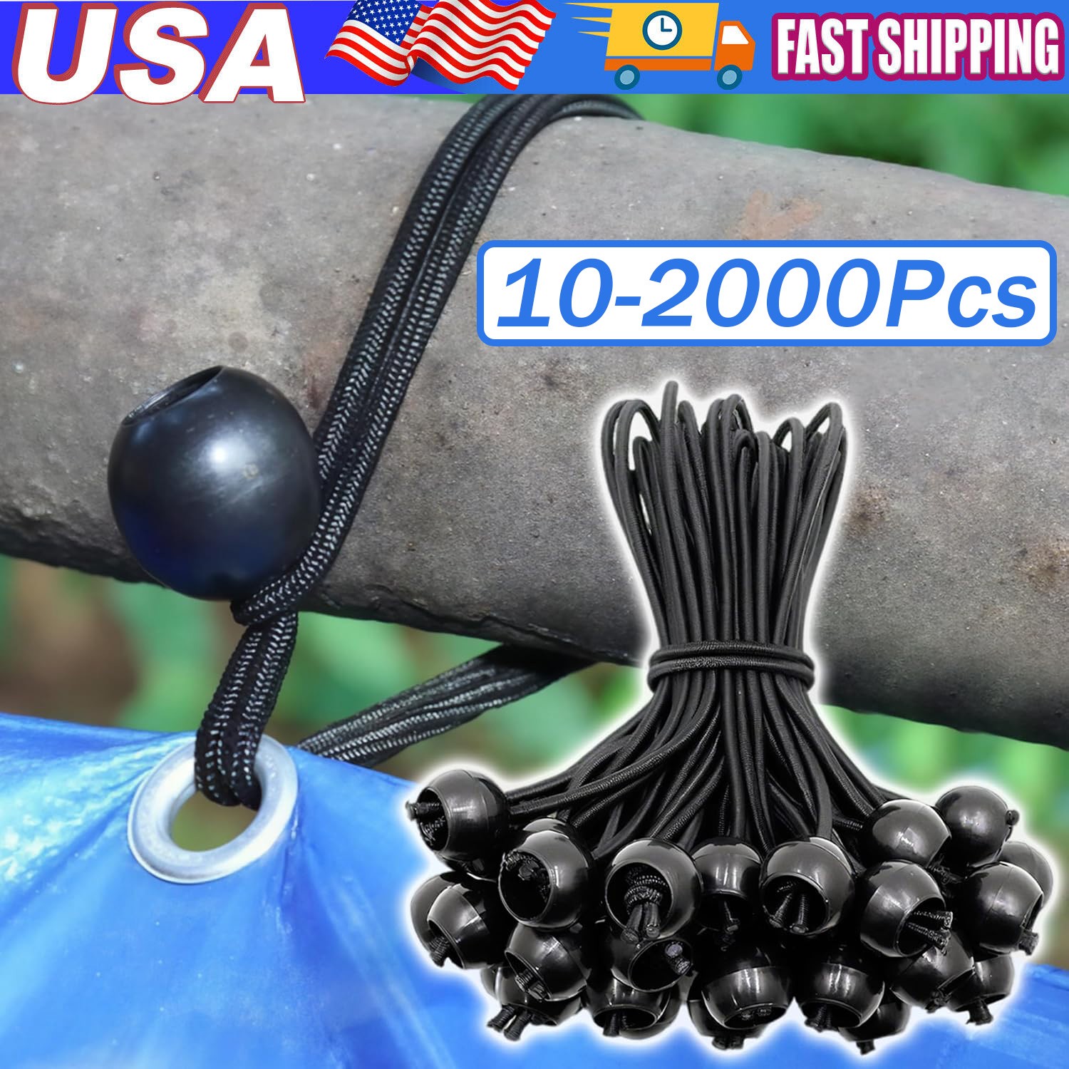 4" Inch Black Ball Bungee Bungie Cord Canopy Tarp Tie Downs Straps New Lot x2000