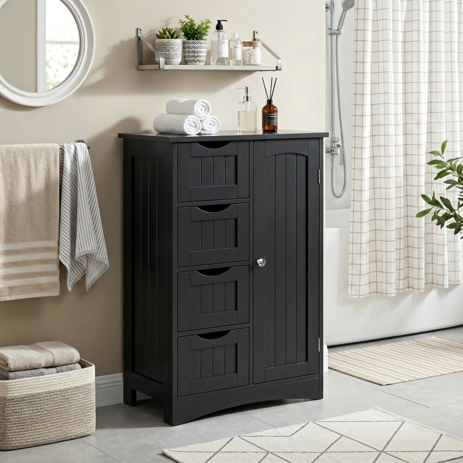 Bathroom Floor Storage Cabinet w/4 Drawers Adjustable Shelves Freestanding Black