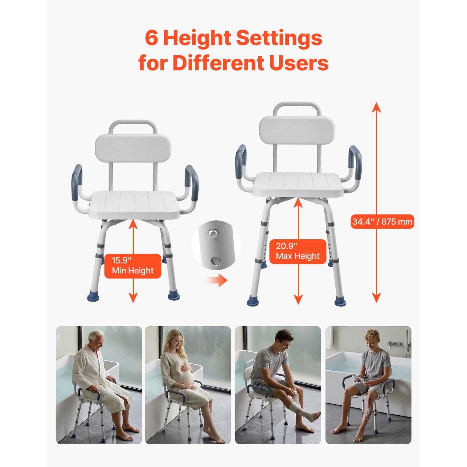 Uimoso Swivel Shower Chair with Arms and Back, Heavy Duty