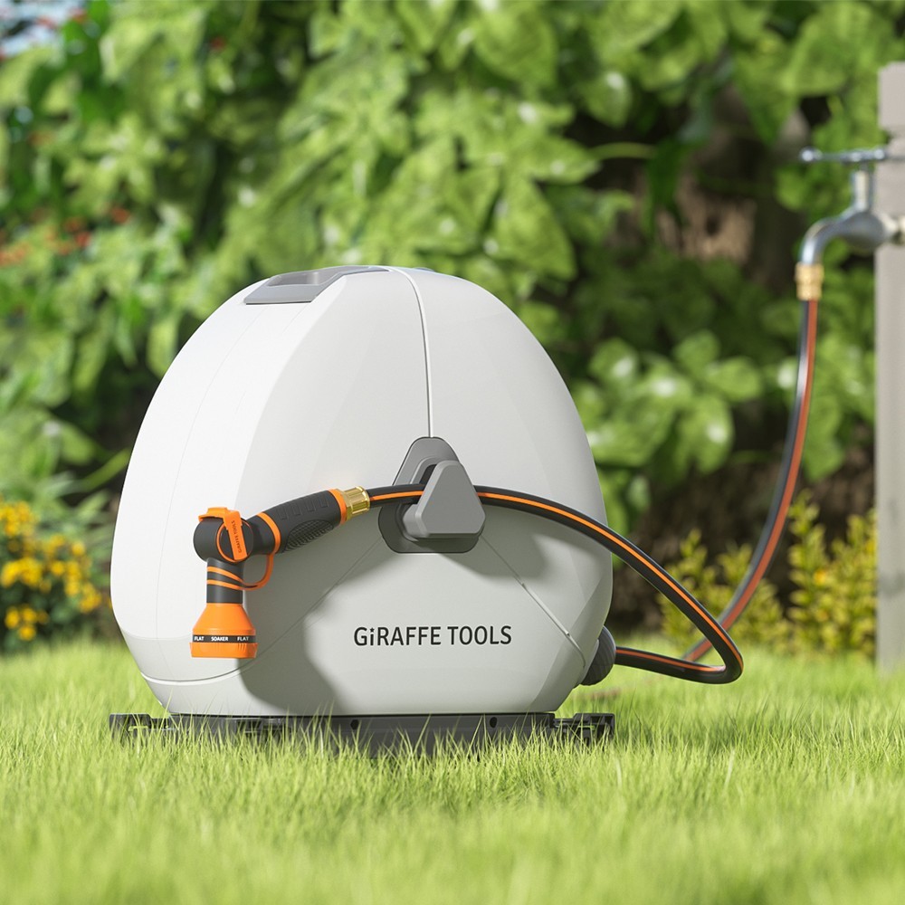 Giraffe Tools Ground Mounted Retractable Garden Hose Reel w/ 82-130FT Water Hose