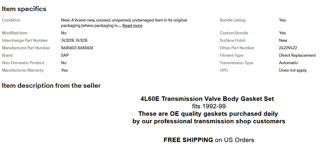 4L60E TRANSMISSION VALVE BODY GASKET KIT FITS 1992-99 CHEVY GMC PONTIAC