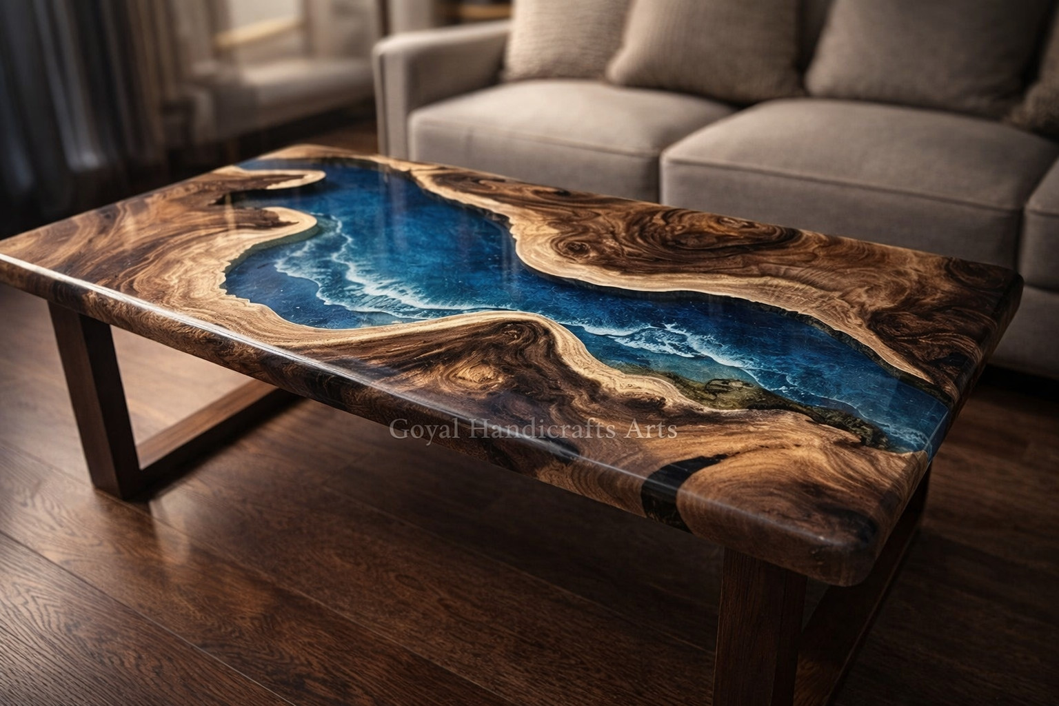 Luxury Epoxy River Table Top Blue Ocean Resin Handmade Wood  Coffee Table