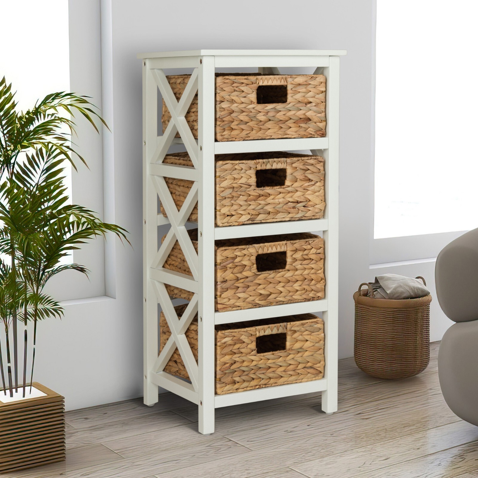 eHemco 4 Tier X-Side End Storage Cabinet with 4 Wicker Baskets (Collectible)