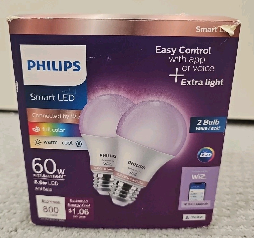 2 PACK Philips Wiz LED Wi-Fi Smart Bulb Full Color 60W REPLACEMENT 2 BULBS LB27