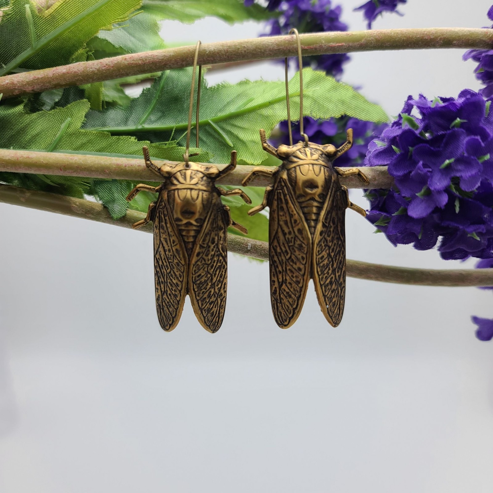 Cicada Earrings – Antiqued Brass Insect Bug Jewelry for Women.