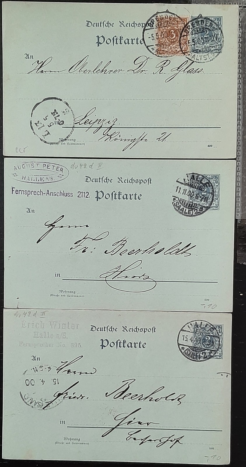 y(GER-865) GERMANY 1900 REICHPOST 2pf postal postcard used (3) different cards