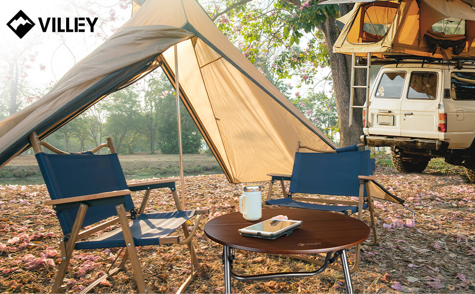 VILLEY Bamboo Round Folding Table with Carrying Bag Half-fold Portable Aluminum