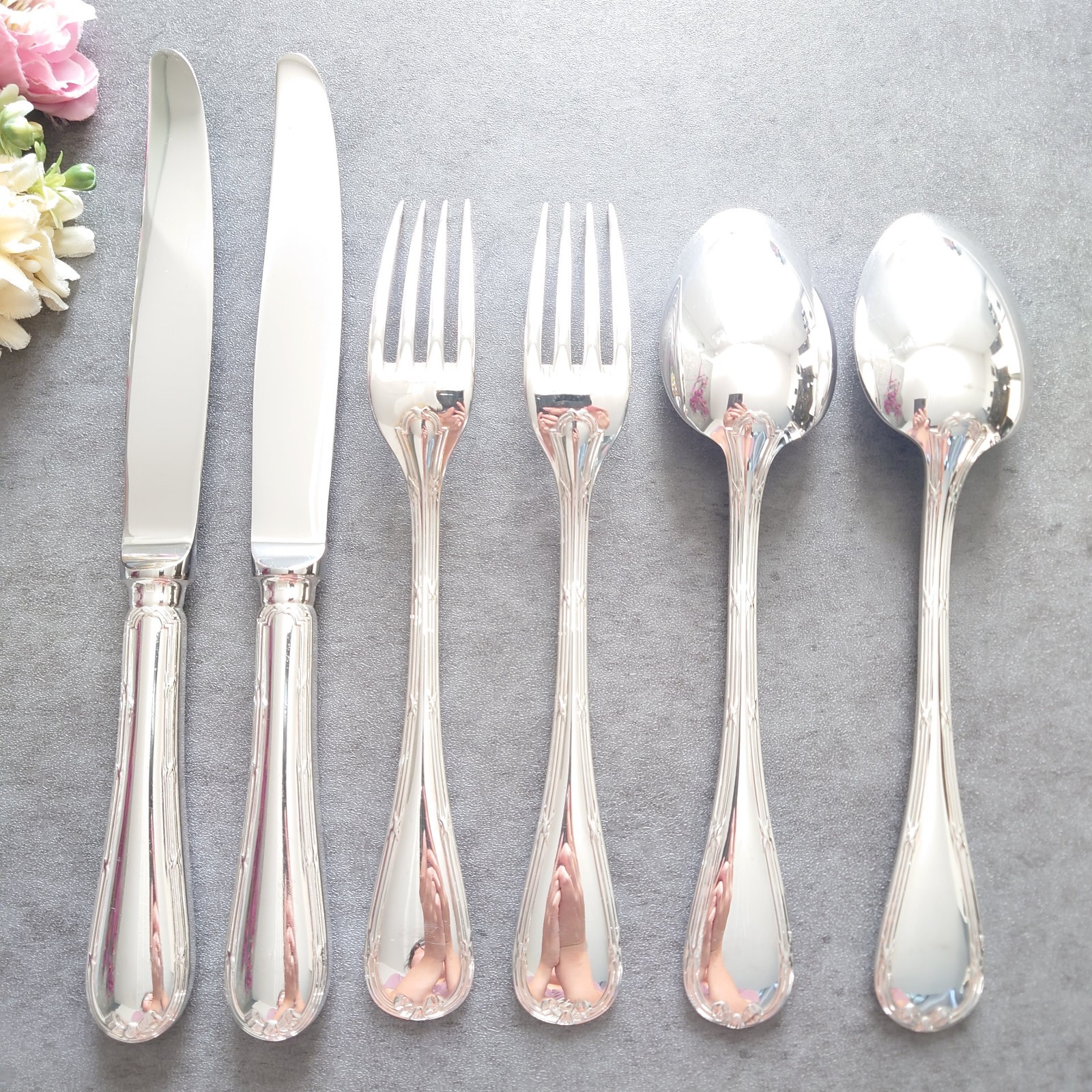 Christofle Rubans 6pcs Flatware Silverplated Table Knife Fork Spoon Excellent