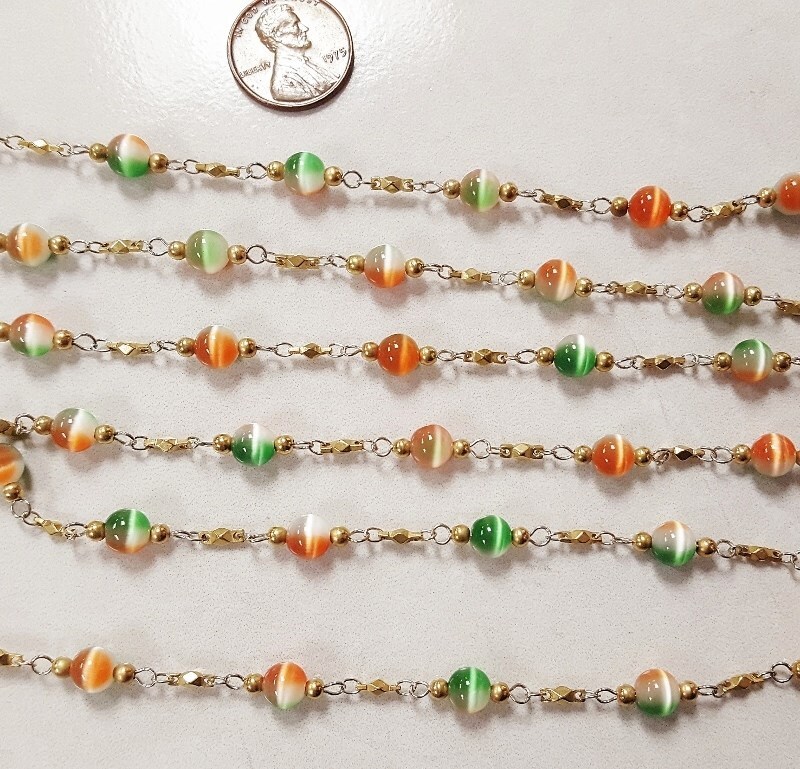 5 FEET VINTAGE GLASS GREEN ORANGE WHITE GIVRE CATS EYE BEADED ROSARY CHAIN 4221