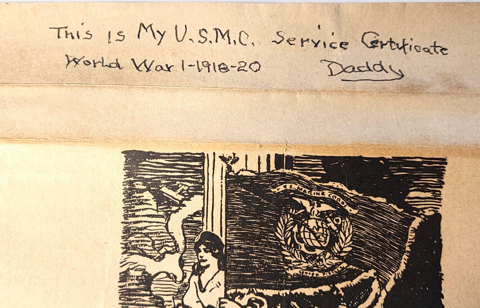 WWI 1918-20 USMC MARINE CORPS SERVICE CERTIFICATE AEF FRANCE