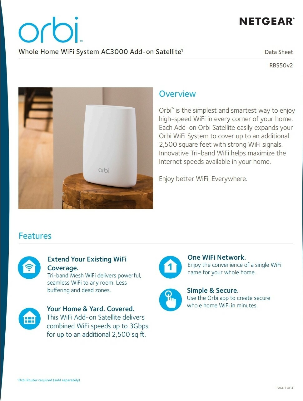 NETGEAR Orbi RBS50v2 AC3000 Satellite WiFi Extender ~ New