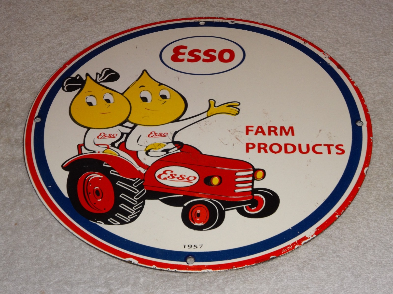 VINTAGE 1957 ESSO FARM OIL DROP BOY GIRL 11 3/4" PORCELAIN TRACTOR GASOLINE SIGN