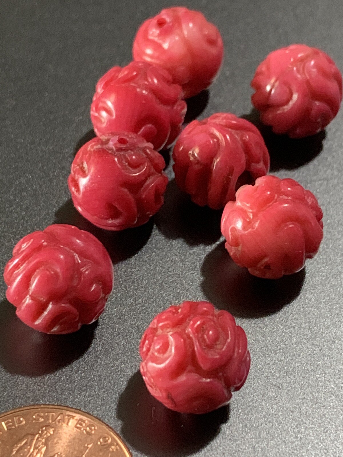 ONE Vintage Carved Chinese Bead Natural Coral Curling Dragon Round  10mm - 11mm