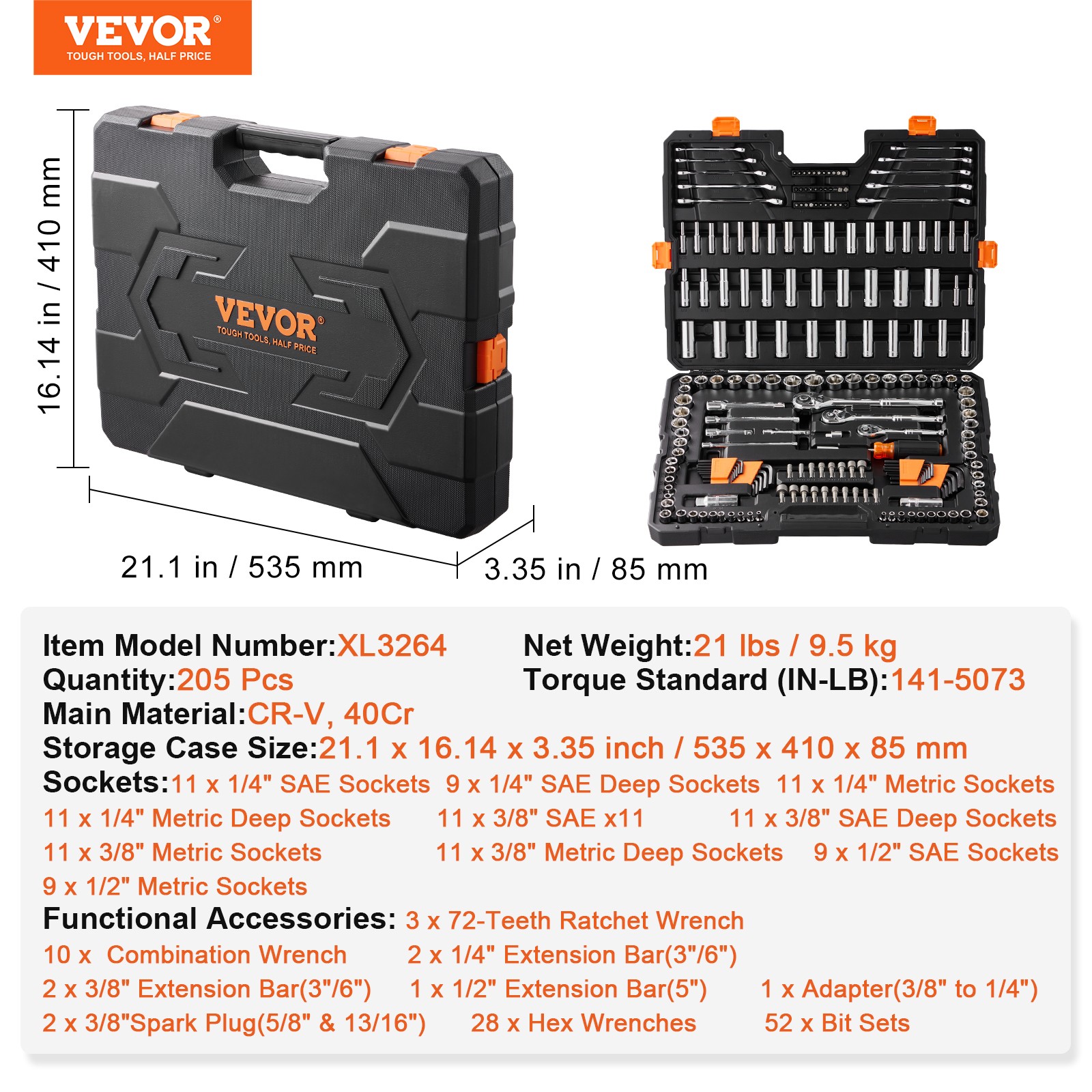 VEVOR Mechanics Tool Set and Socket Set 1/4in 3/8in 1/2 in Drive Sockets 205Pcs