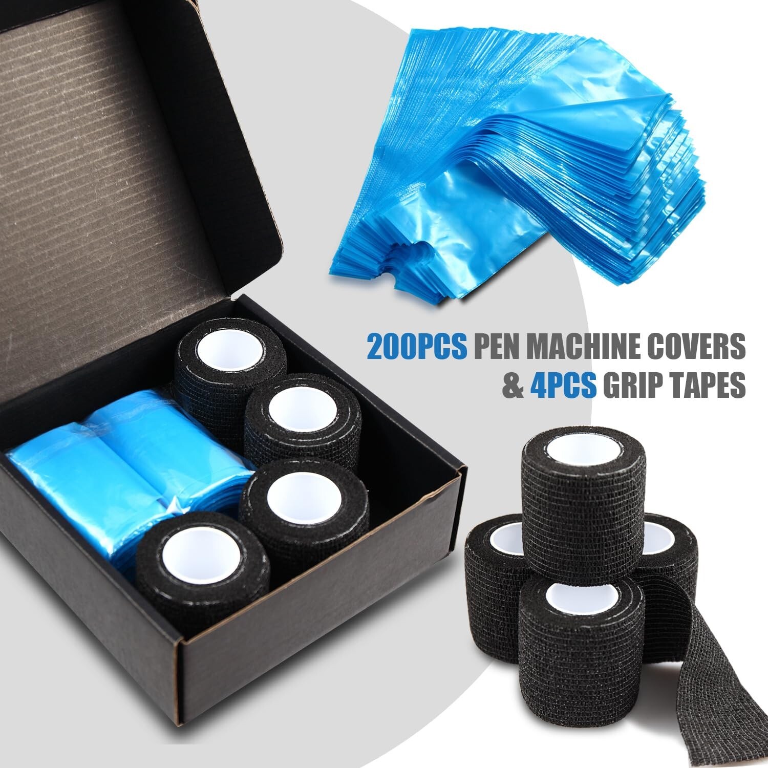 Pen Machine Covers and Grip Tapes 200Pcs Tattoo Machine Covers with 4Pcs Grip Wr