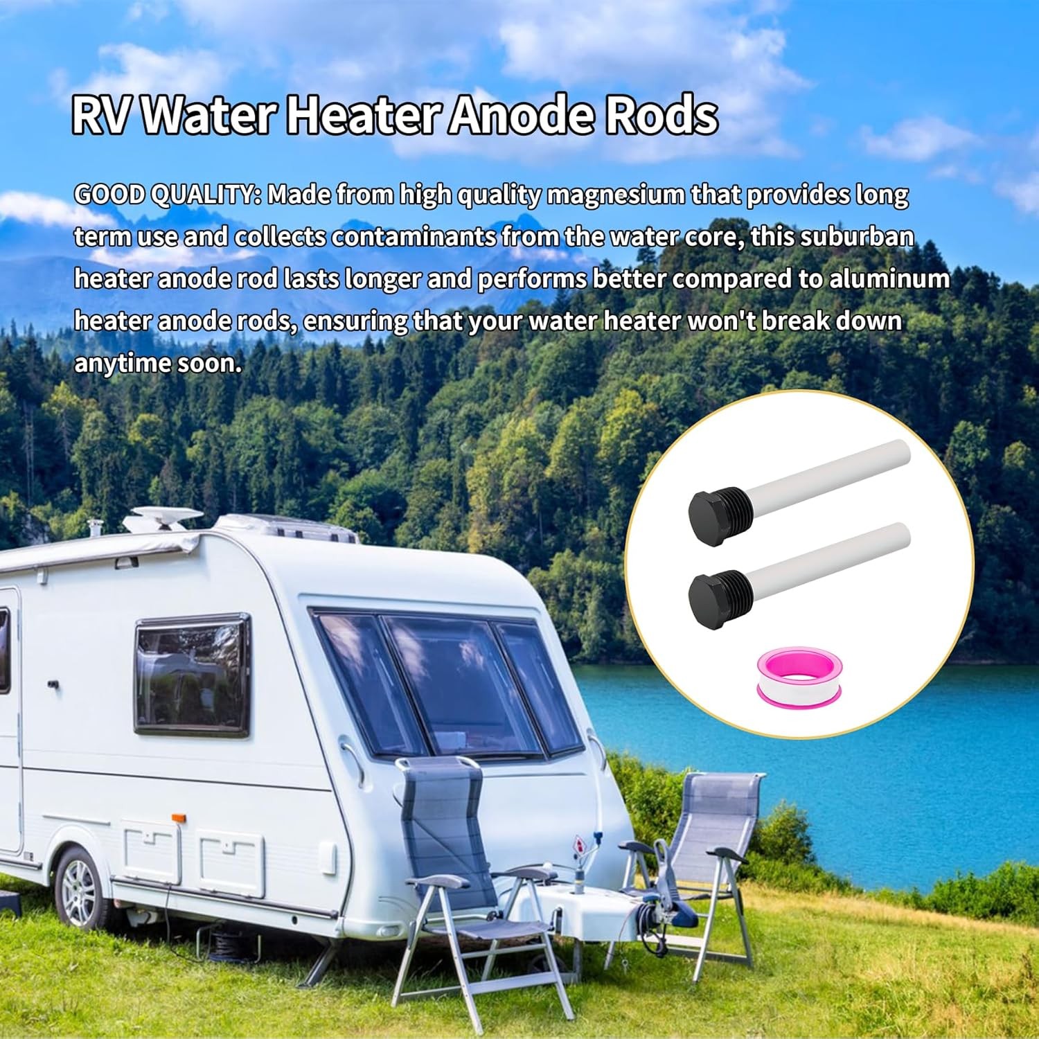 2-Pack Magnesium Anode Rod for RV Water Heater + PTFE Tape For Suburban