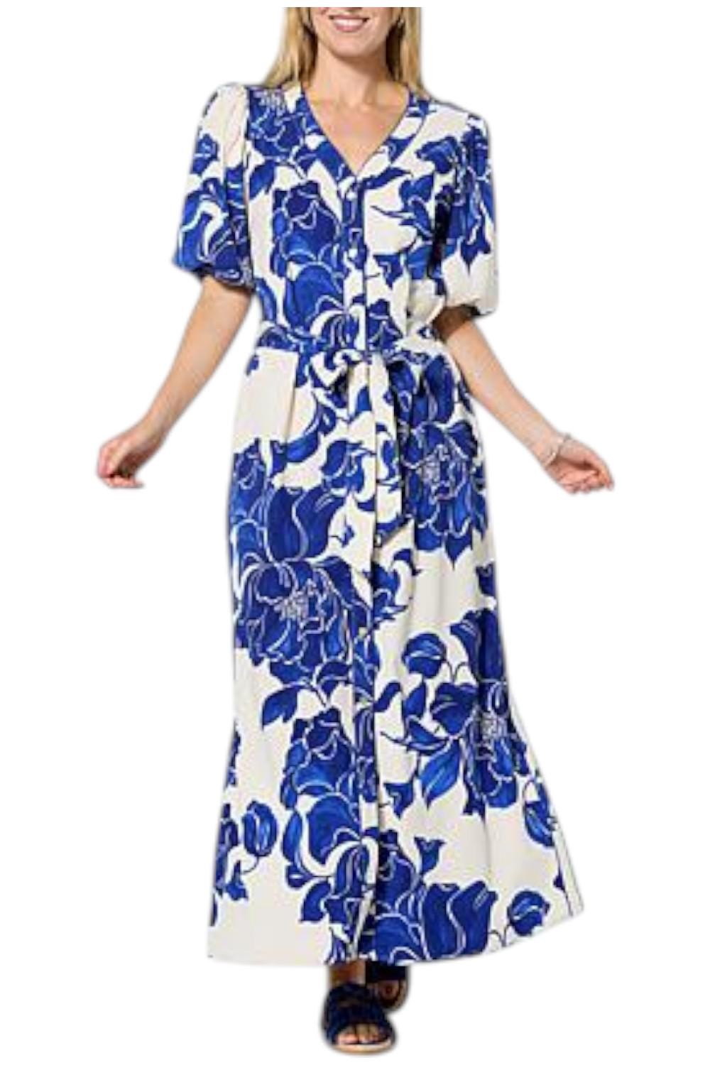 G by Giuliana Woven Embroidered Puff-Sleeve Midi Dress Blue Floral