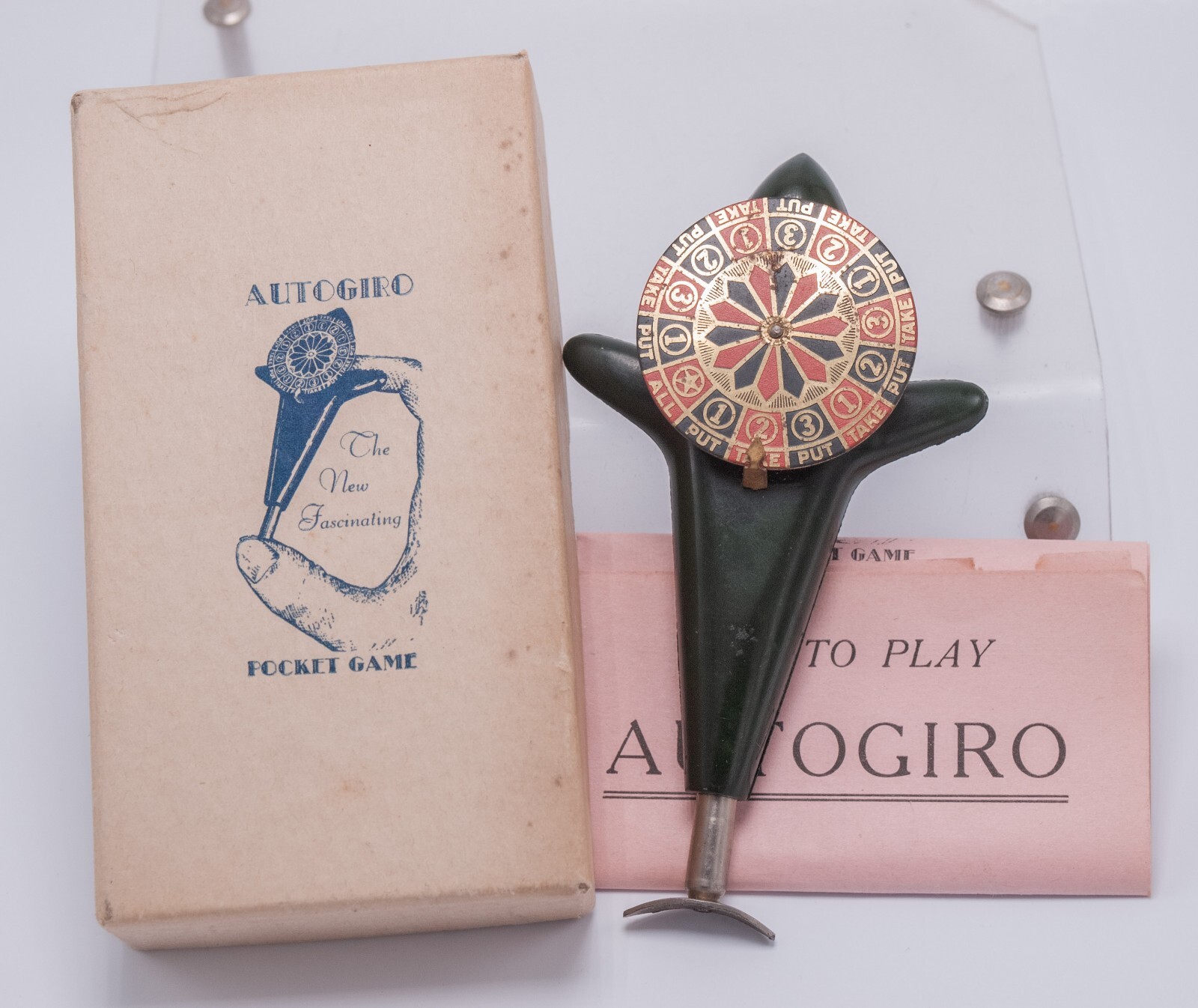Rare - Autogiro Pocket Roulette Wheel Gambling - Green Bakelite w/ Original Box