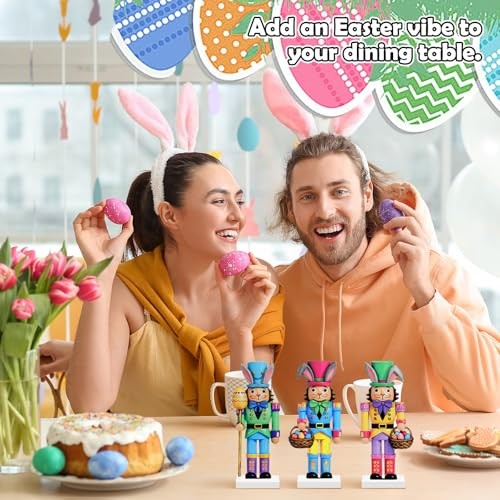 3 Pcs Easter Nutcracker Decorations 7 in Wooden Traditional Multicolor Bunny