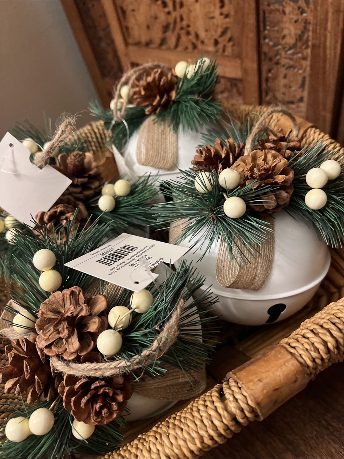 Jumbo Jingle Bell Ornament Set White Greenery Sisal For Hanging FOUR 6 inch NEW