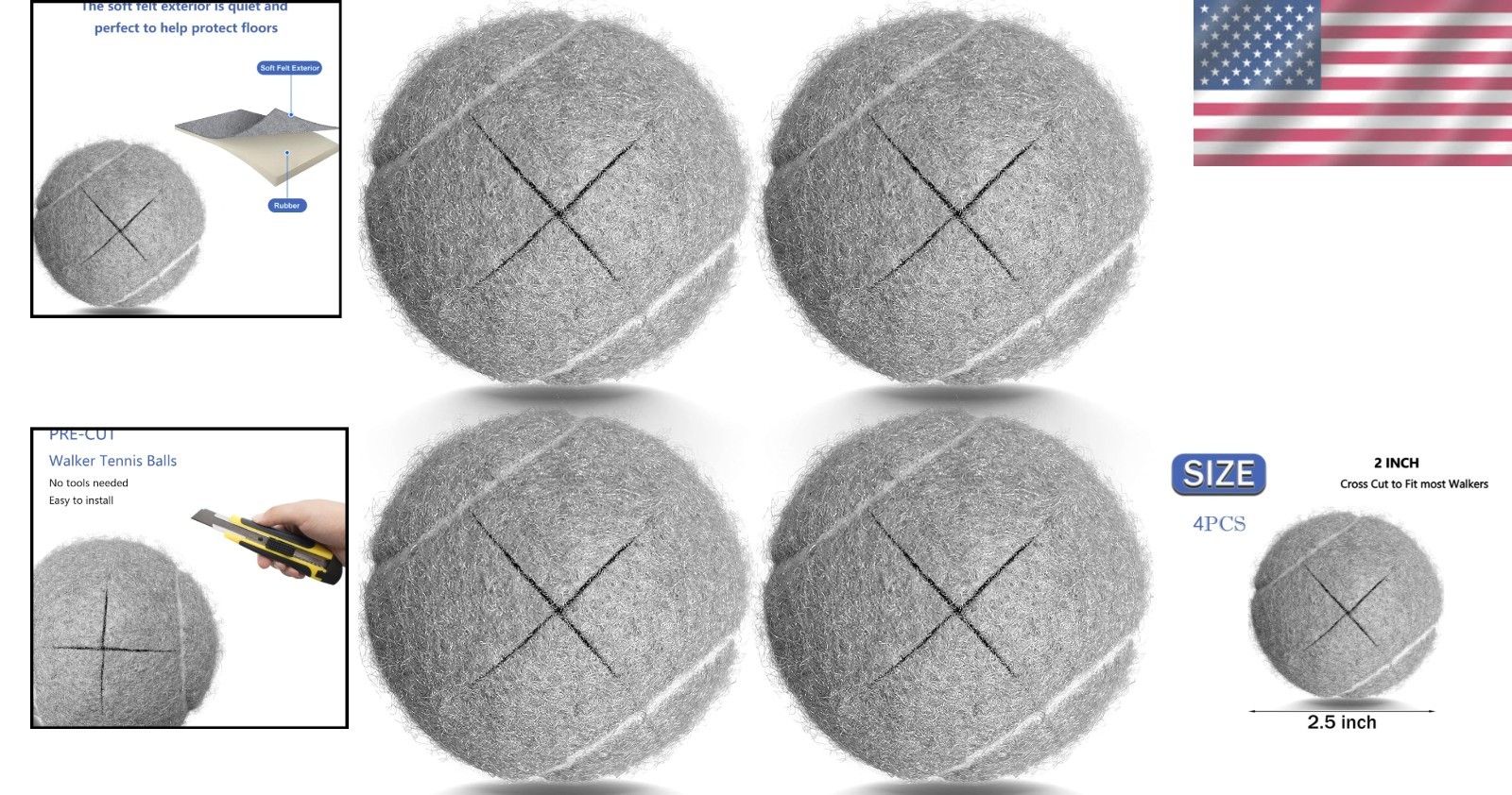 Precut Tennis Balls for Walkers, 4 PCS Heavy Duty Long Lasting - Gray