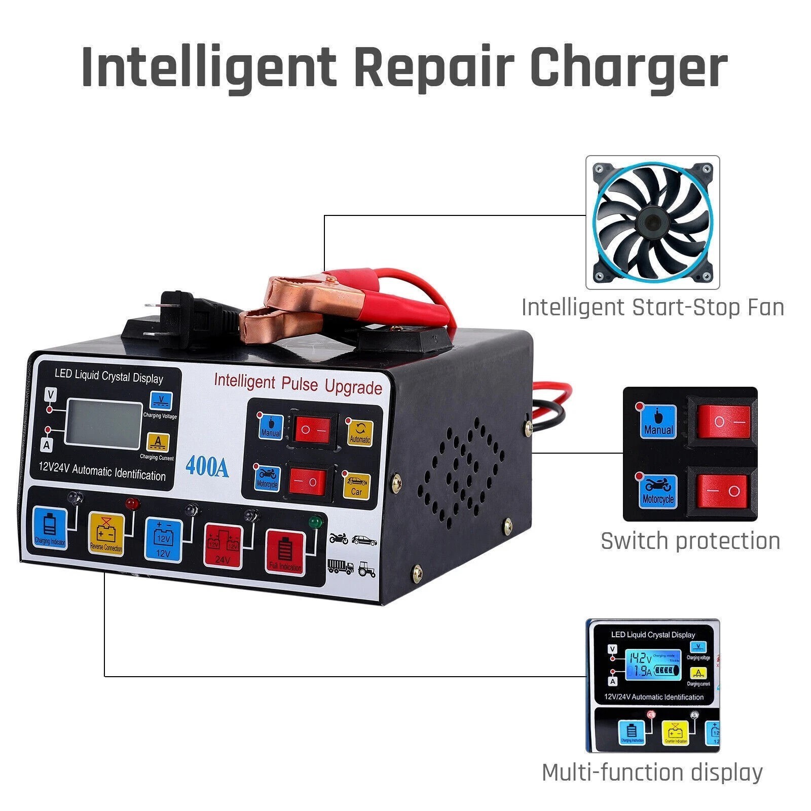 400A Heavy Duty Battery Charger 12V/24V Pulse Repair Car Battery Charger Trickle
