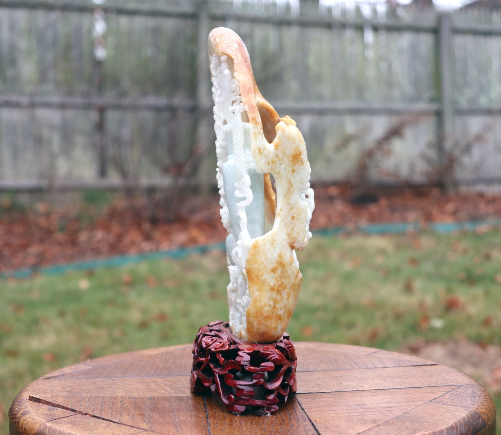 Jadeite Hand-Carved Boulder with Plants, Peacock Feathers & Vases Post-1950s