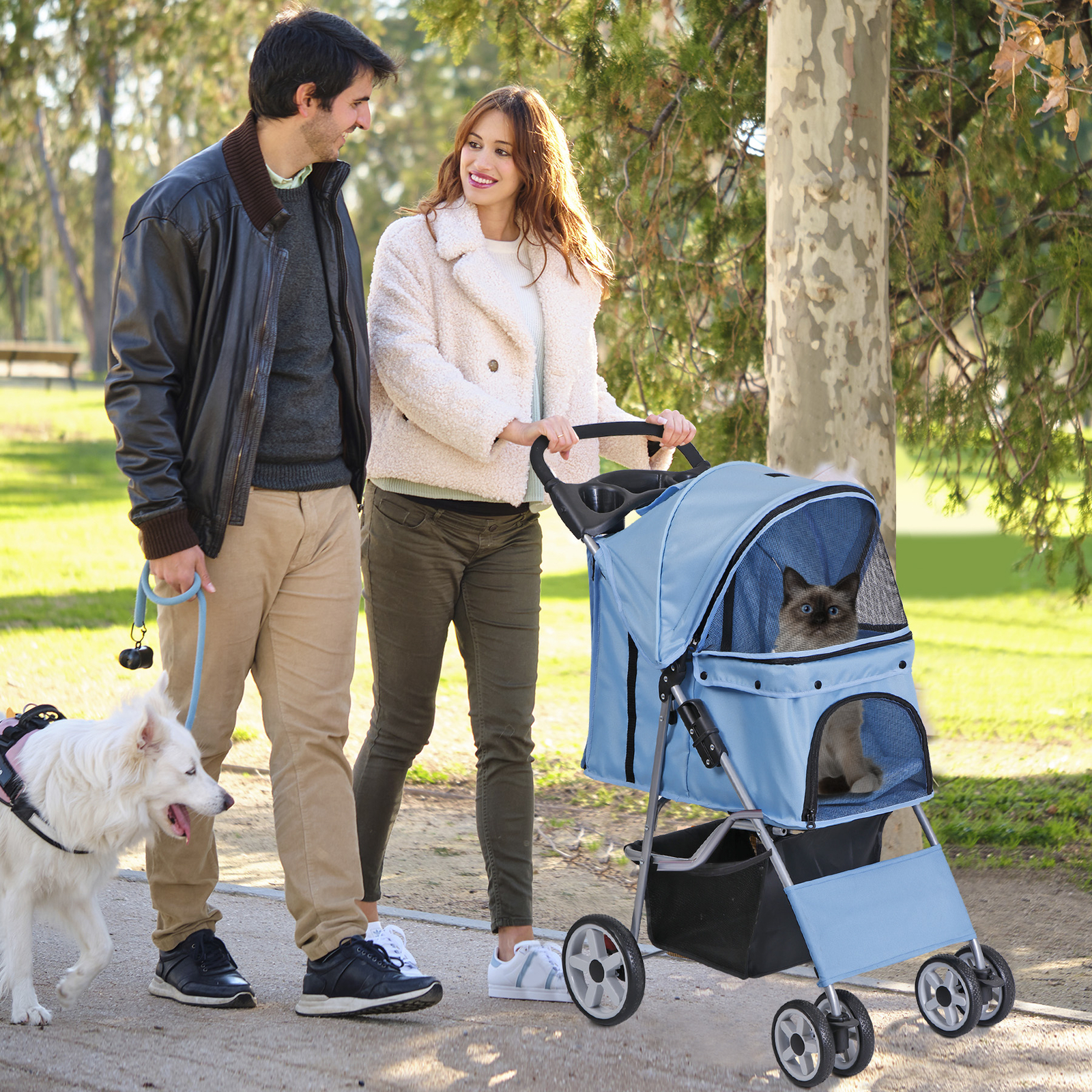 4 Wheels Pet Stroller Portable Dog Stroller w/ Storage Basket & Cup Holder Blue