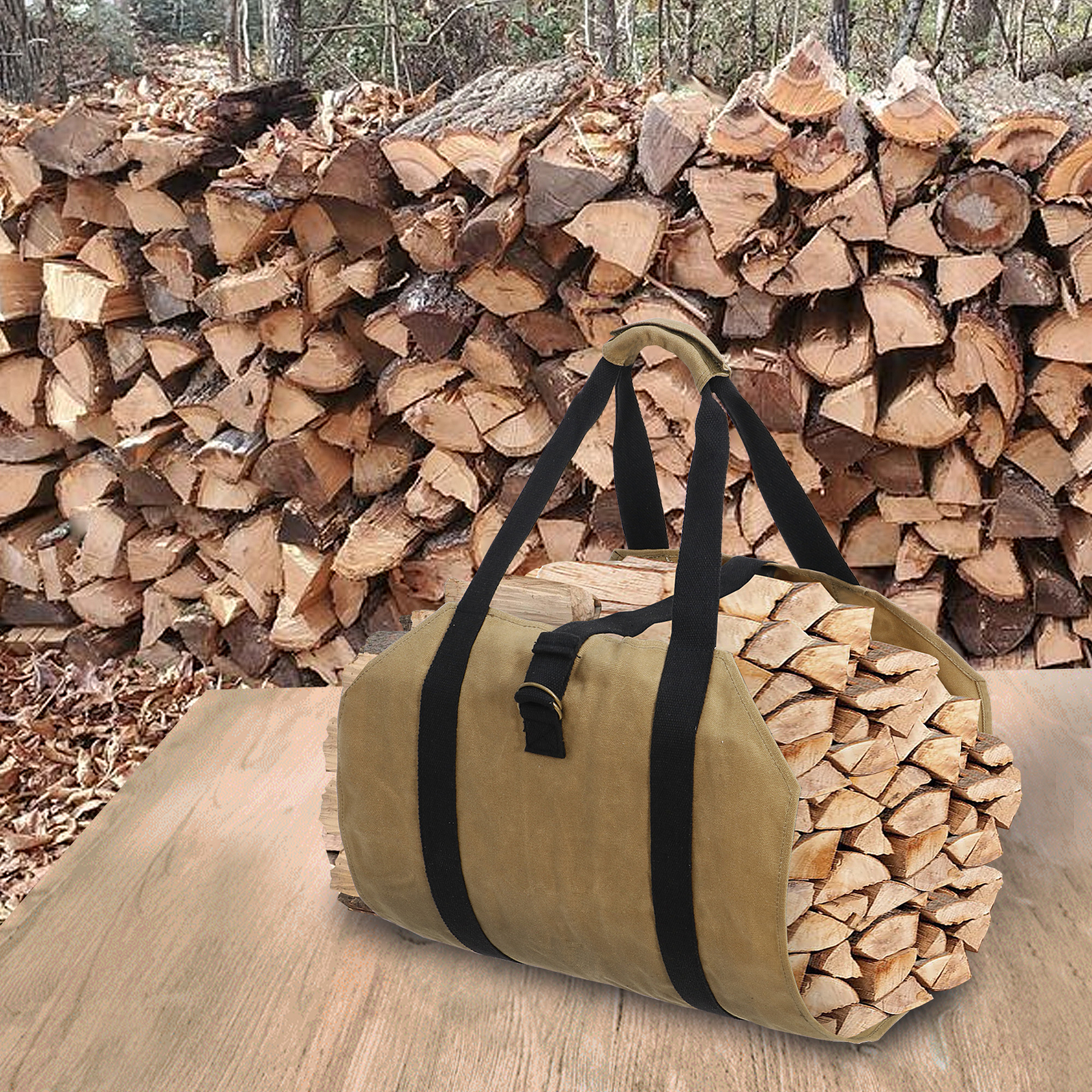 Firewood Log Carrier Bag Waxed Canvas Outdoor Log Tote Bags Camping with Strap