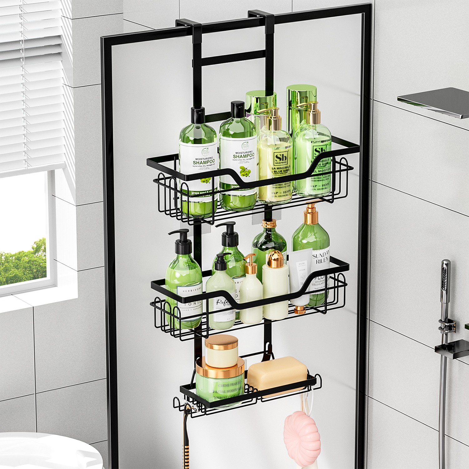 Over the Door Shower Caddy Hanging: Black Rustproof Shower Organizer