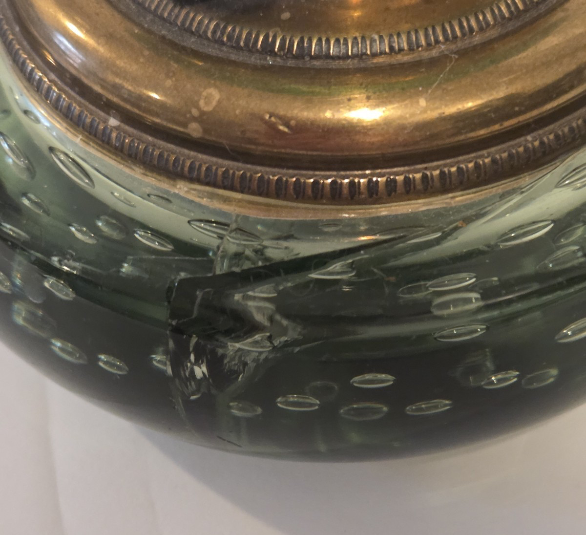 Glass Ink Well hand Blown Controlled Bubbles Brass Antique Green