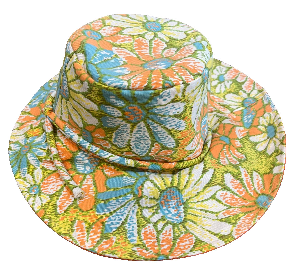 Groovy Vintage Fits All Japan Womens Floral Hat Cotton Bucket Floppy Orange Blue