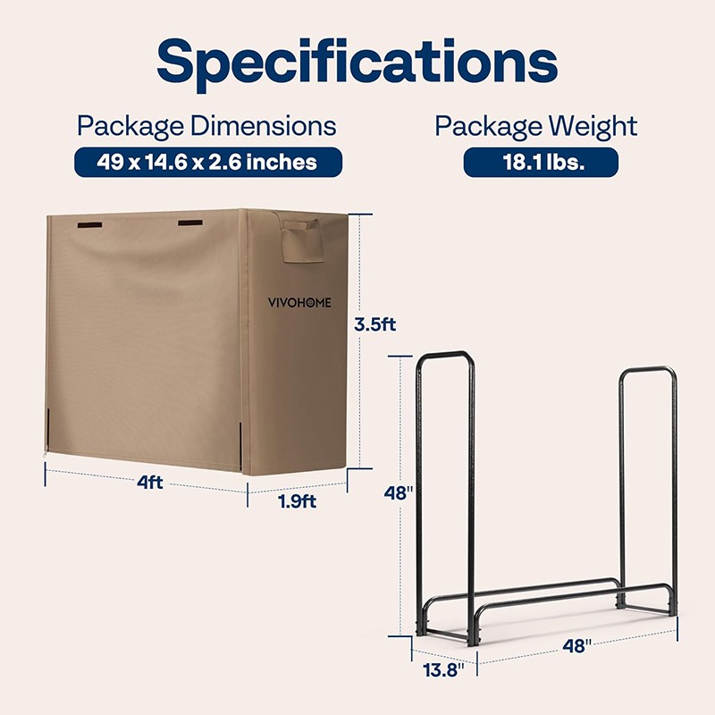4FT Outdoor Firewood Rack with Cover Heavy Duty Firewood Holder 48''x13.8''x48''
