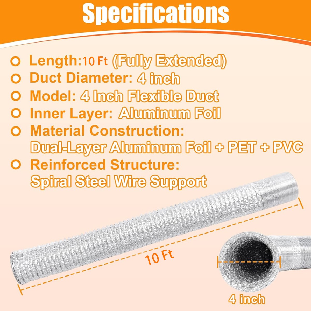 4 Inch 10ft Flex Air Ducting for HVAC Ventilation with 2 Stainless Steel Clamps