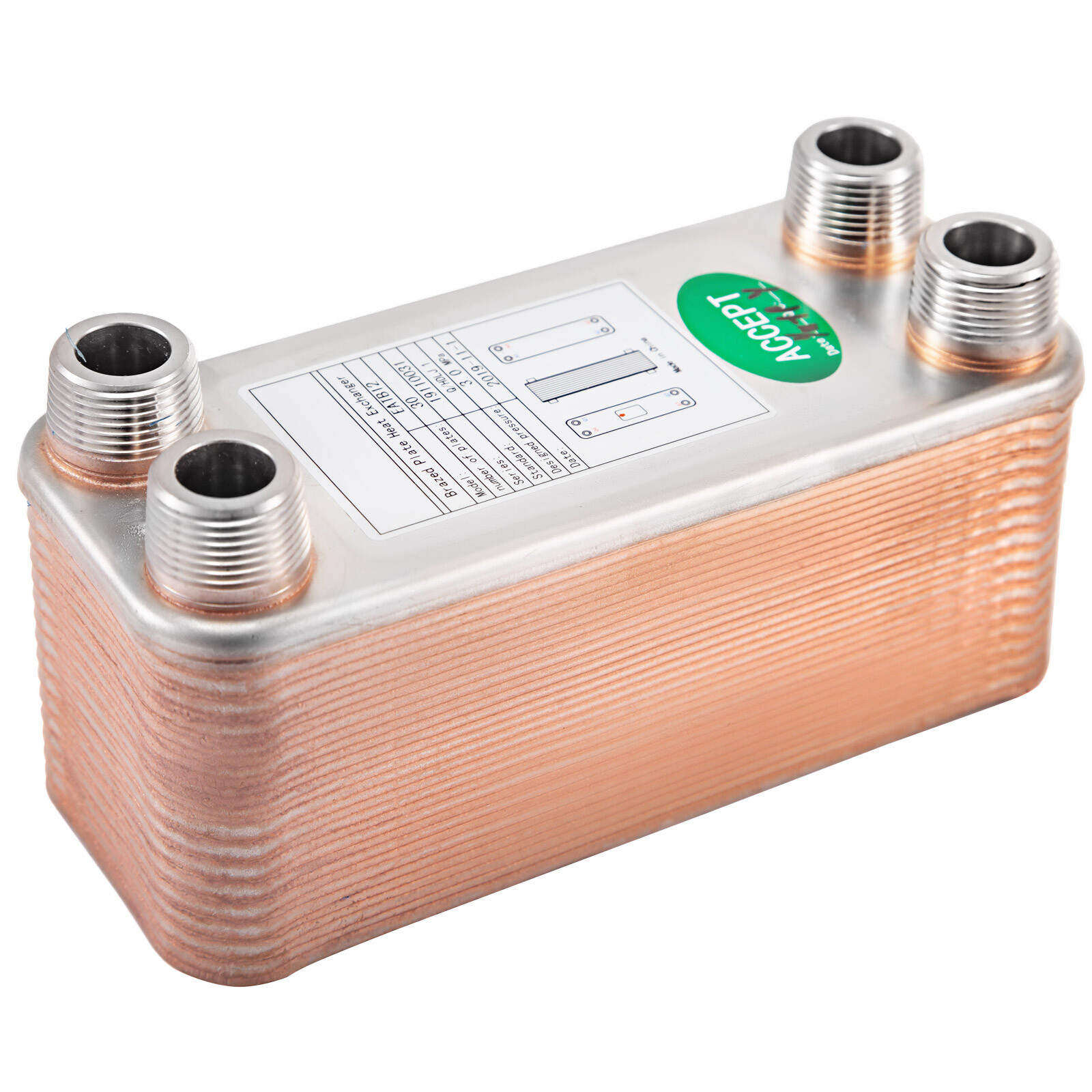 30 Plate Brazed Heat Exchanger w/ Brackets 3"x8" 3/4" MPT 316L Stainless Steel