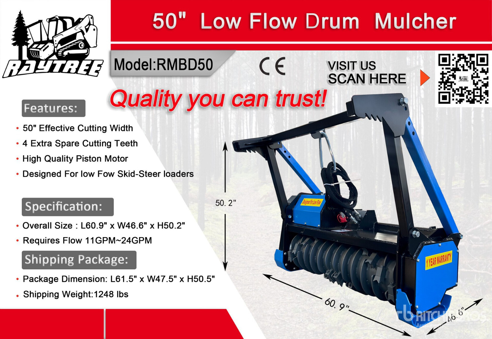 Raytree RMBD50 50"Drum Mulcher Forestry Bush 11-24GPM Low Flow Bobcat SkidSteer