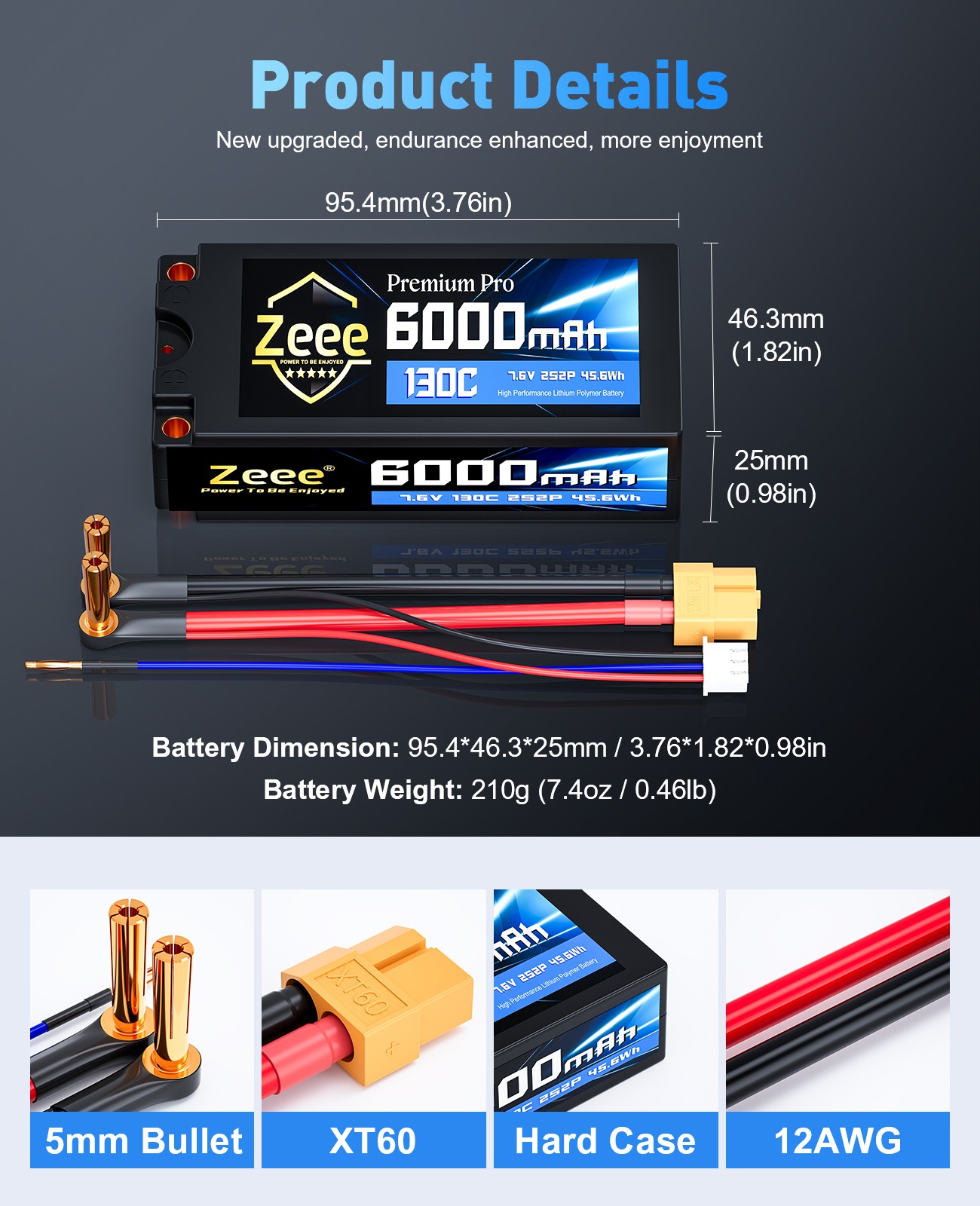 2xZeee 2S Shorty Lipo Battery 6000mAh 5mm Bullet to XT60 Plug 7.6V 130C HardCase