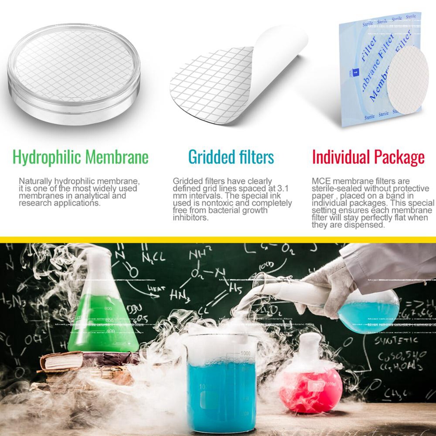 MCE Gridded Membrane Filters, 47mm Diameter, 0.22 um 0.45 μm Pore Size, STERILE