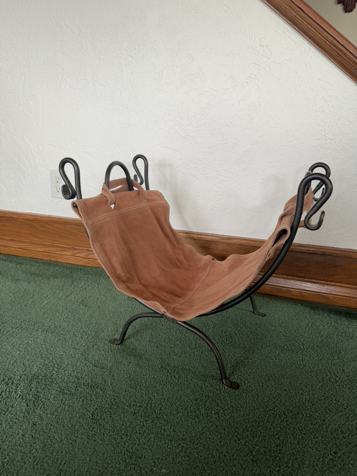 Vintage Metal and Suede Fireplace Log Holder Folding Firewood