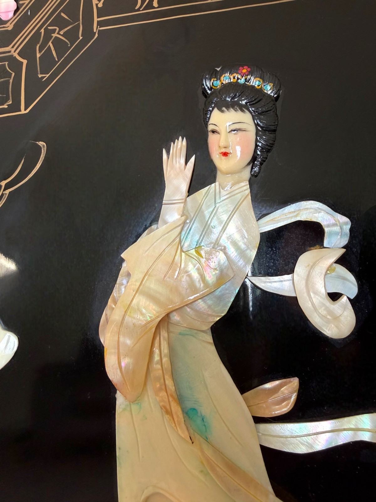 Vintage Chinese Black Lacquer Wall Panels 12x36 Mother of Pearl Inlay Set of 2