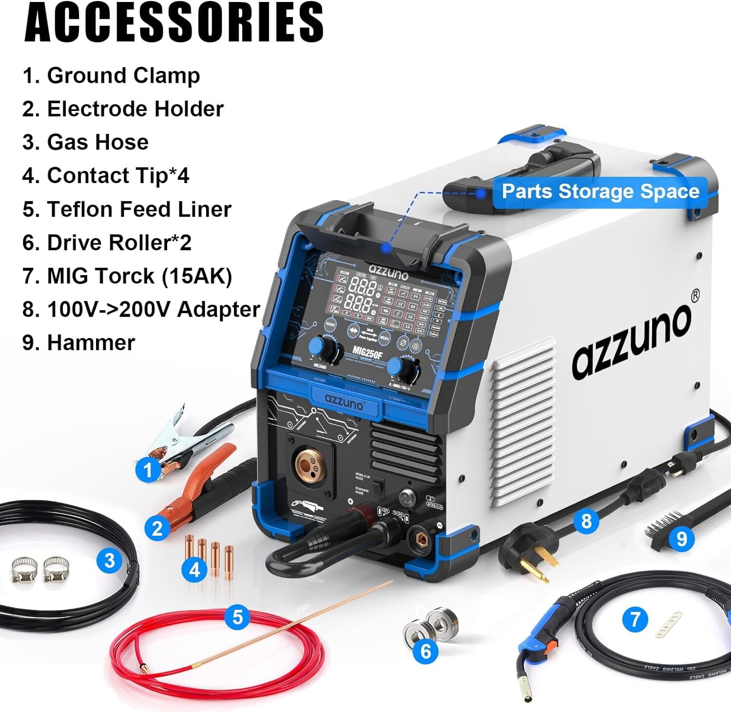 AZZUNO 6 in 1 Aluminum MIG Welder 250A 110V/220V LED Display MultiProcess Welder