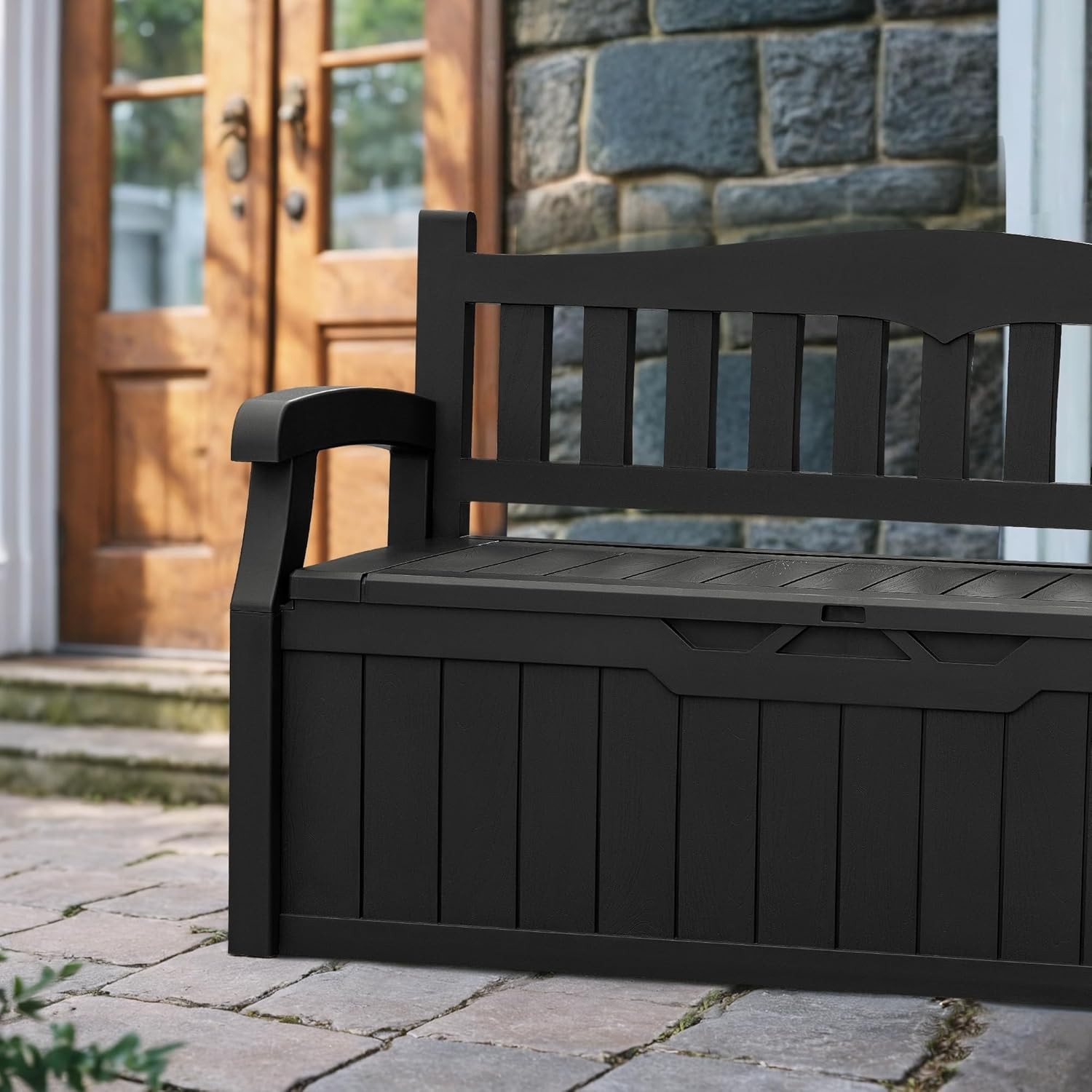 80 Gallon Lockable Storage Bench Outdoor Patio Furniture Garden Tool Box Black