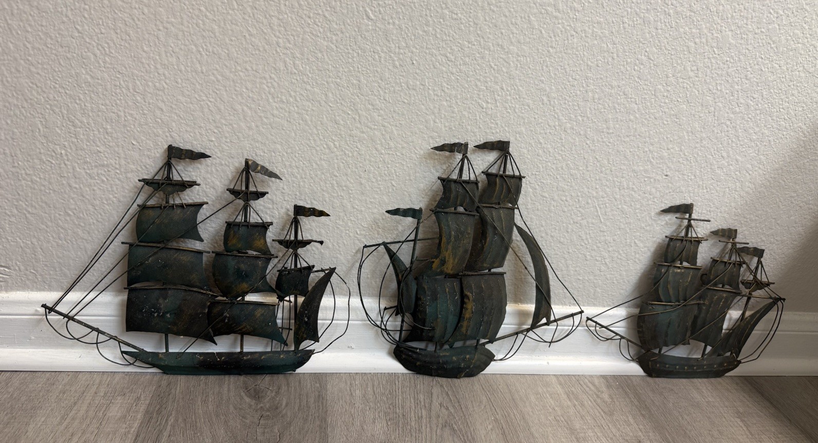 Vintage 3 Sailing Ships Wall Decor, MCM Metal Nautical.