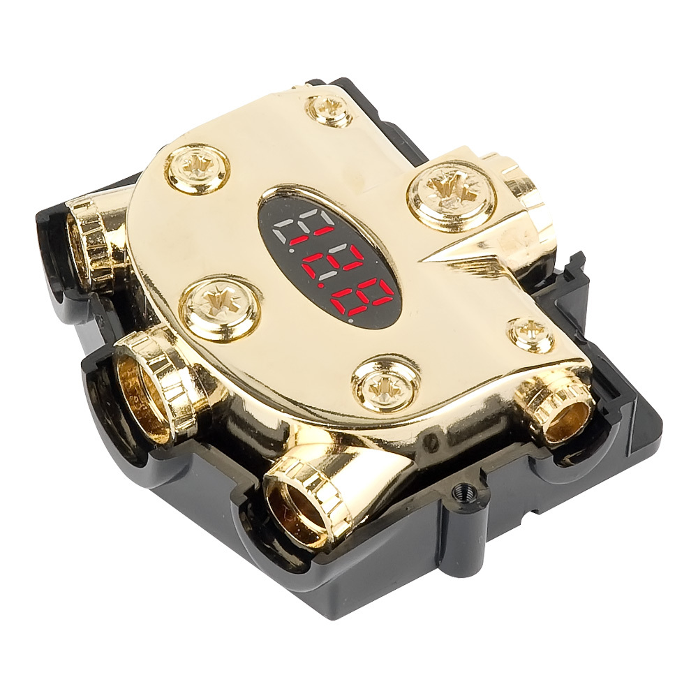 PREMIUM DIGITAL VOLTAGE METER & DISTRIBUTION BLOCK 0/2/4/8 GAUGE IN / OUT GOLD
