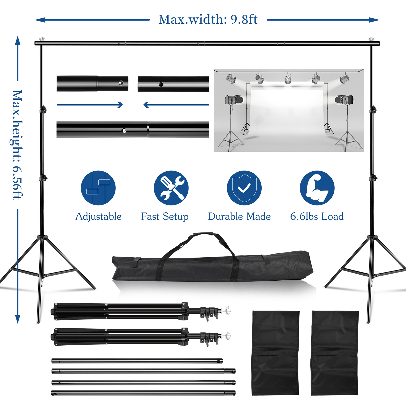 10Ft Heavy Duty Adjustable Photography Background Support Stand Kit With Case