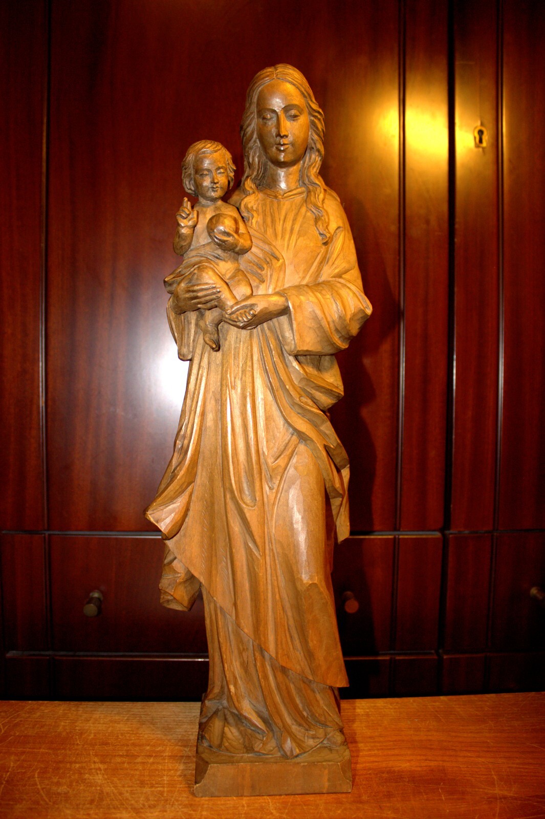 ANTIQUE 20" HAND CARVED WOOD CATHOLIC VIRGIN MARY OUR LADY JESUS STATUE FIGURE