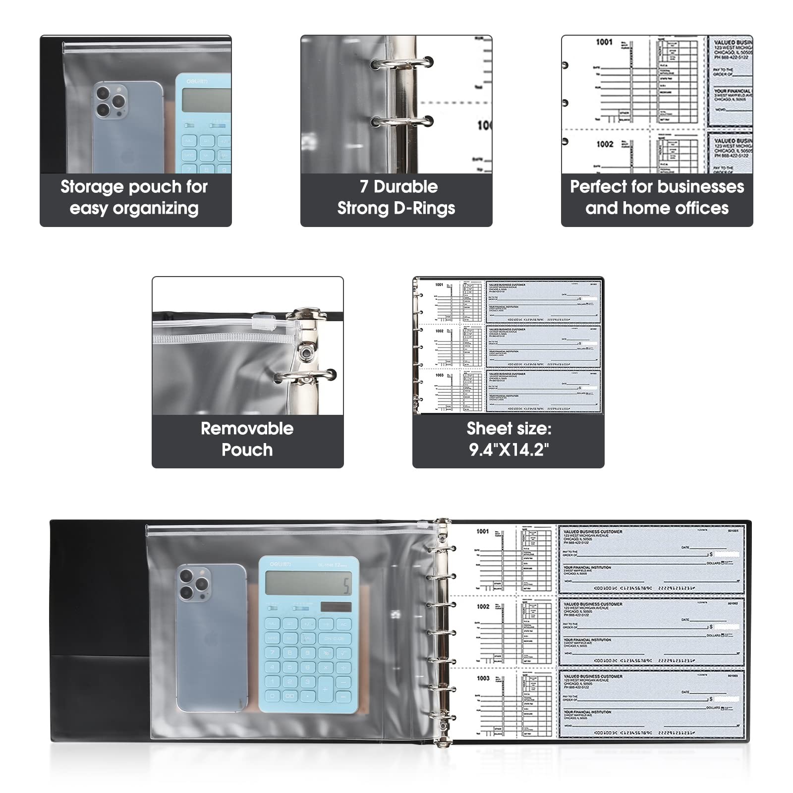 7 Ring Business Check Book Binder, 600 Checks Capacity for 9" X 13" Sheets, PU L