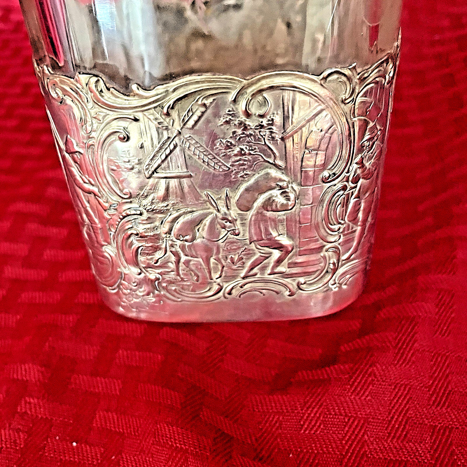 ANTIQUE GERMAN HANAU .800 SILVER OVERLAY ON ETCHED DECANTER