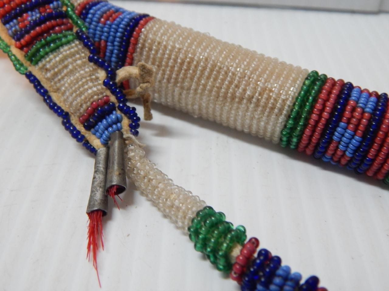 c.1870-90s PLAINS BEADED lAKOTA INDIAN AWL CASE w/ RED HORSEHAIR TIN CONES