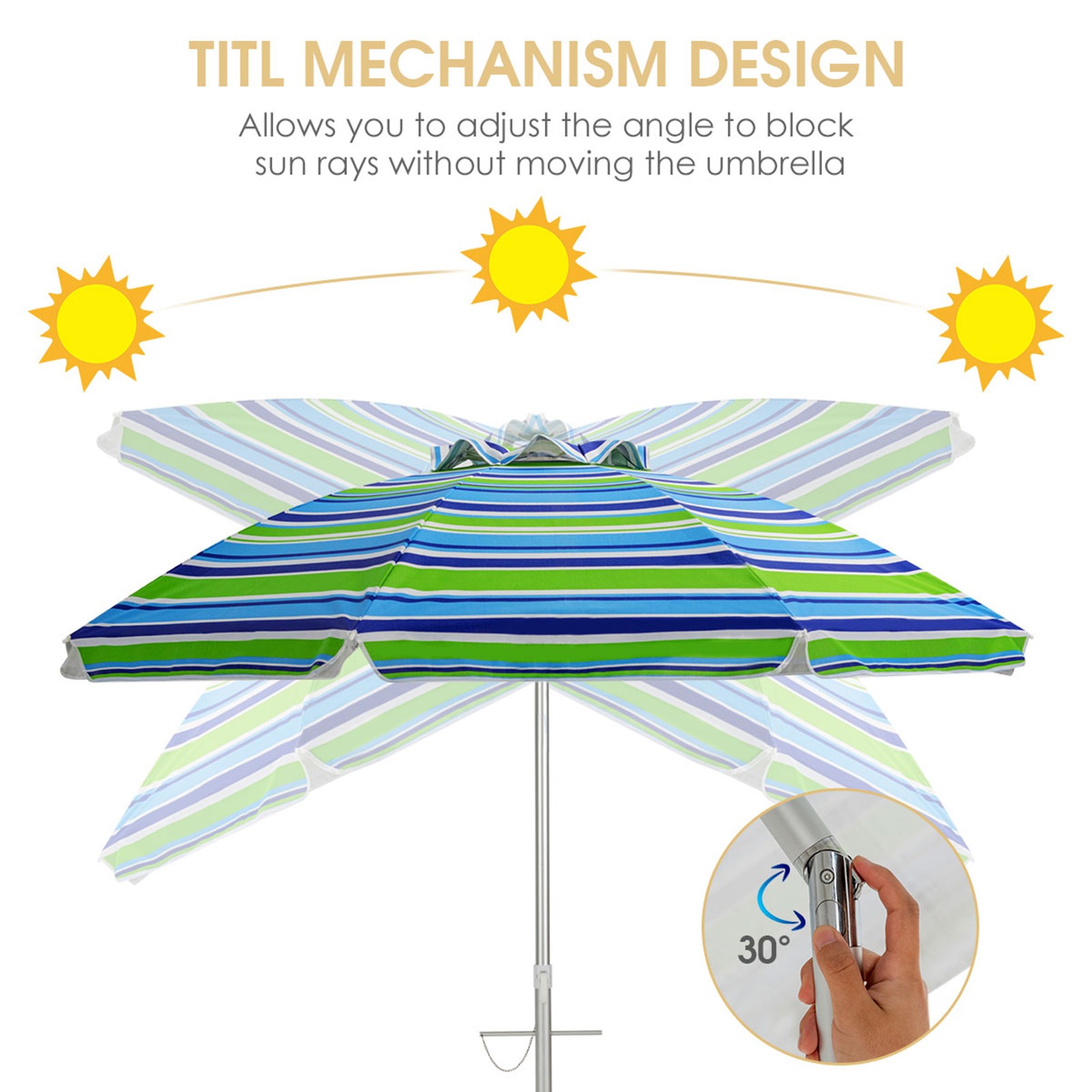 6.5Ft Beach Umbrella w/ Tilt Mechanism Sand Anchor Carrying Bag Blue + Green